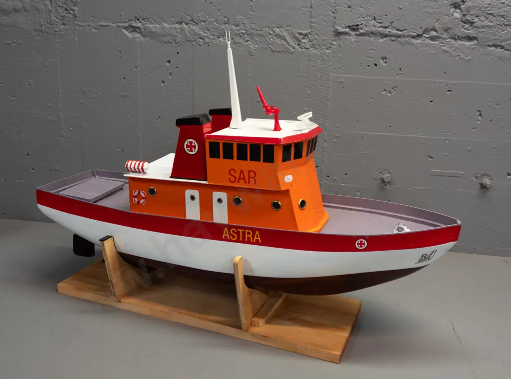 large motorised model boat - marked SAR & Astra, replica of Swedish search and rescue ship, on wooden stand, loose mast, Image 1++
