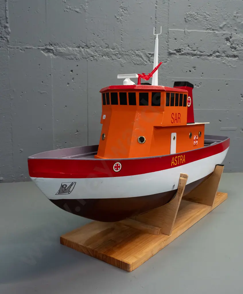 large motorised model boat - marked SAR & Astra, replica of Swedish search and rescue ship, on wooden stand, loose mast, Image 1++