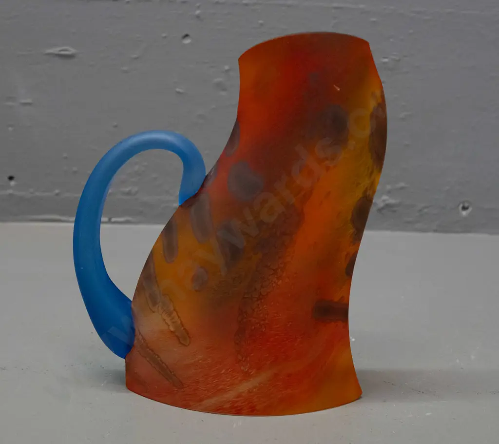 Kosta Boda art glass ornament - orange and blue abstract, signed Kjell Engman, numbered 7263034, "Limited 1000 ex" H-170 Image 1++