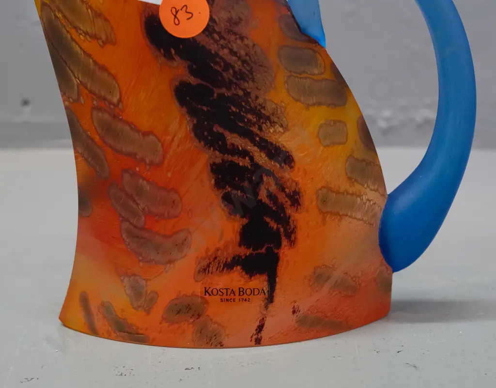 Kosta Boda art glass ornament - orange and blue abstract, signed Kjell Engman, numbered 7263034, "Limited 1000 ex" H-170 Image 1++