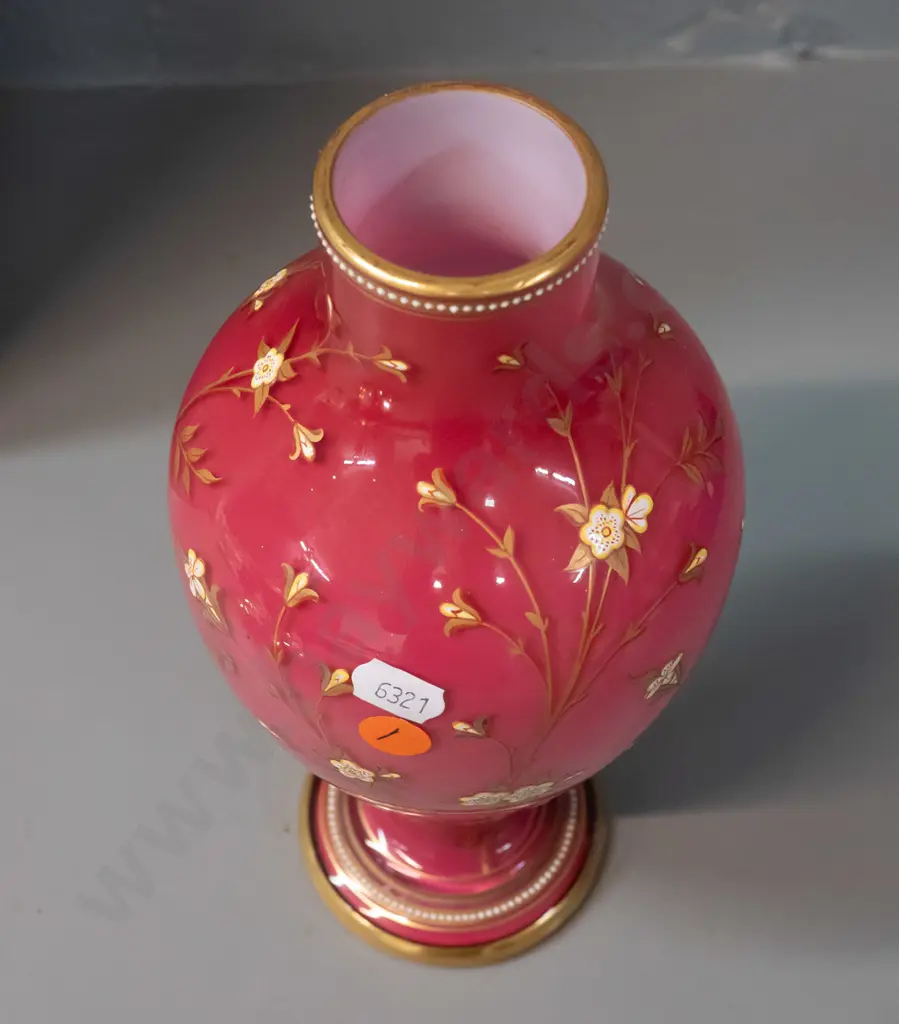 Mary Gregory style vintage glass vase - pink over white with raised enamel flowers, gilt bands & putti playing the Image 1++