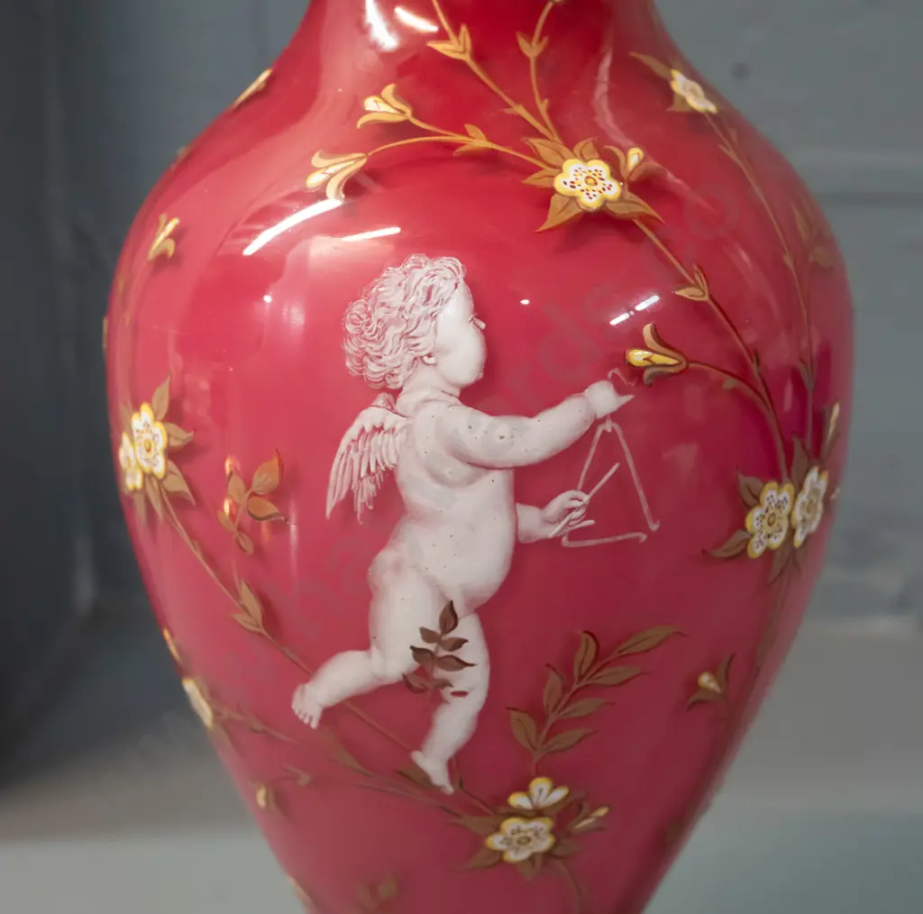 Mary Gregory style vintage glass vase - pink over white with raised enamel flowers, gilt bands & putti playing the Image 1++