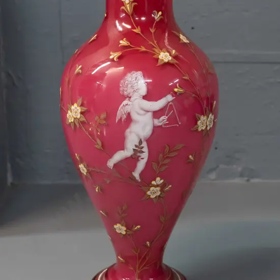 Mary Gregory style vintage glass vase - pink over white with raised enamel flowers, gilt bands & putti playing the