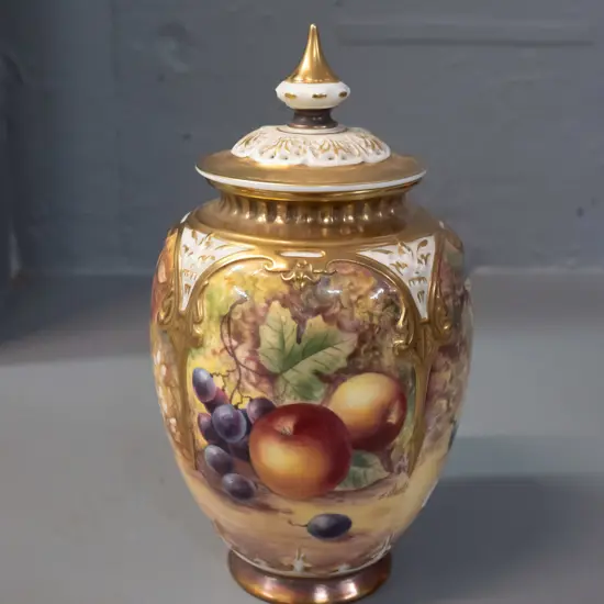 Royal Worcester "Fruit Study" potpourri vase - signed J. Skerrett - with pierced lid. Small fleck of gilt missing from
