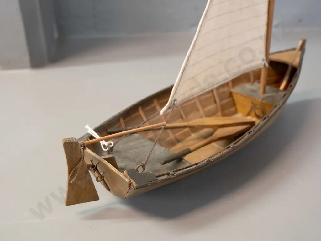 small timber model boat with cloth sail, 2 oars, metal wire fixings for rudder H-290 L-310 Image 1++