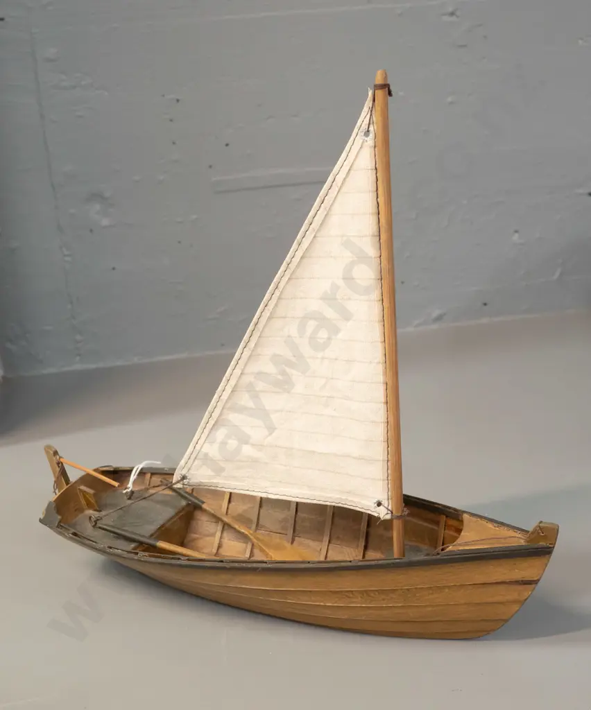 small timber model boat with cloth sail, 2 oars, metal wire fixings for rudder H-290 L-310 Image 1++