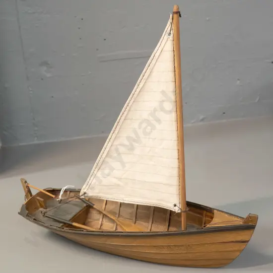 small timber model boat with cloth sail, 2 oars, metal wire fixings for rudder H-290 L-310
