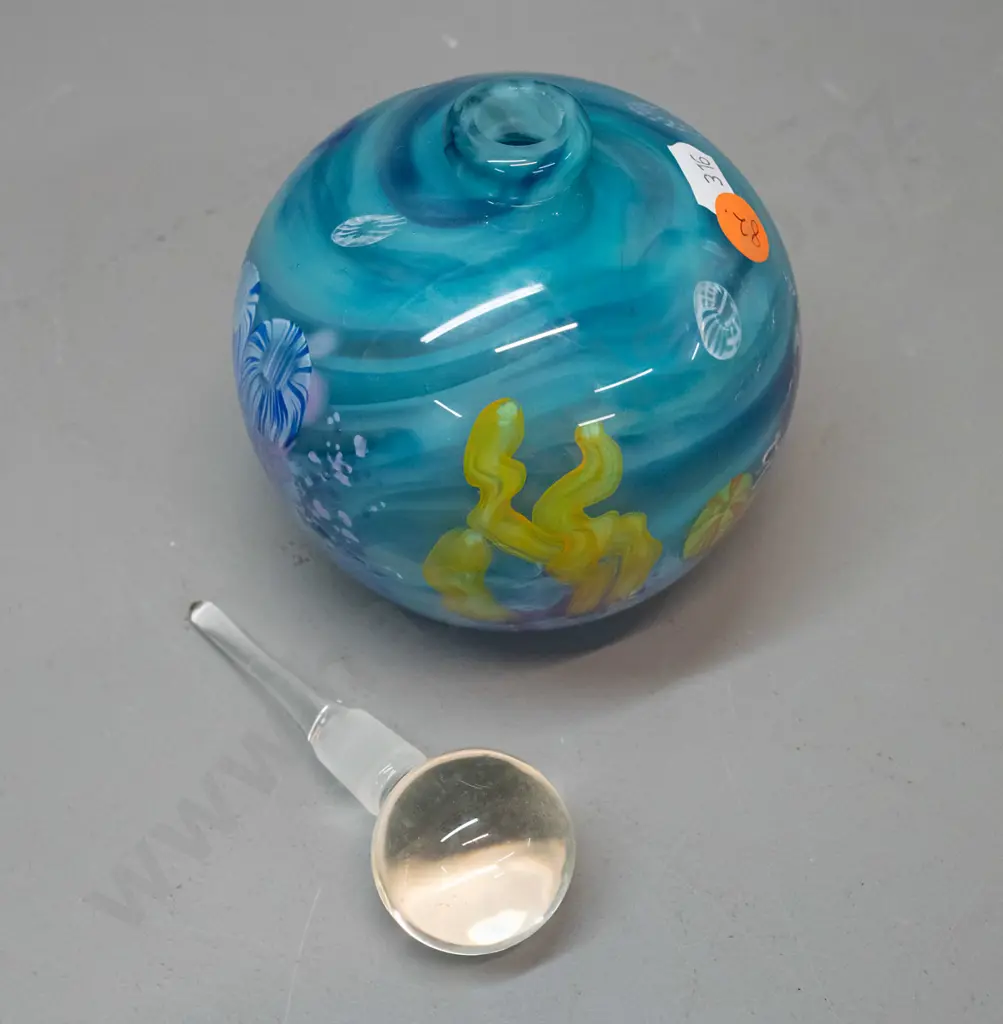 art glass stoppered bottle with under-sea motif decorations, clear stopper H-150 D-105 Image 1++