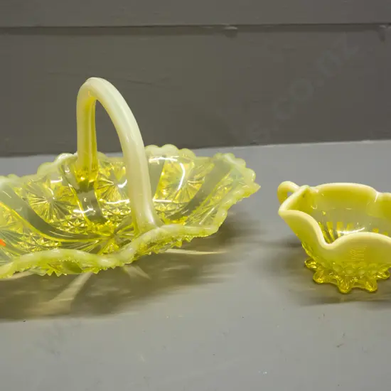 2 vintage yellow uranium glass items - basket H-120 L-200 and small double handled dish