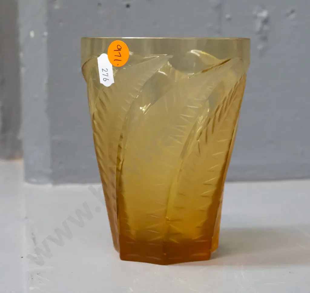 amber glass large beaker or vase with fern leaf pattern - marked "R. Lalique" on base H-125 D-100 Image 1++