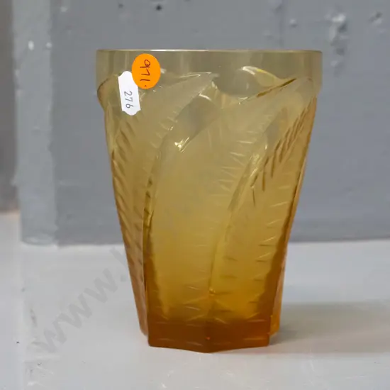 amber glass large beaker or vase with fern leaf pattern - marked "R. Lalique" on base H-125 D-100