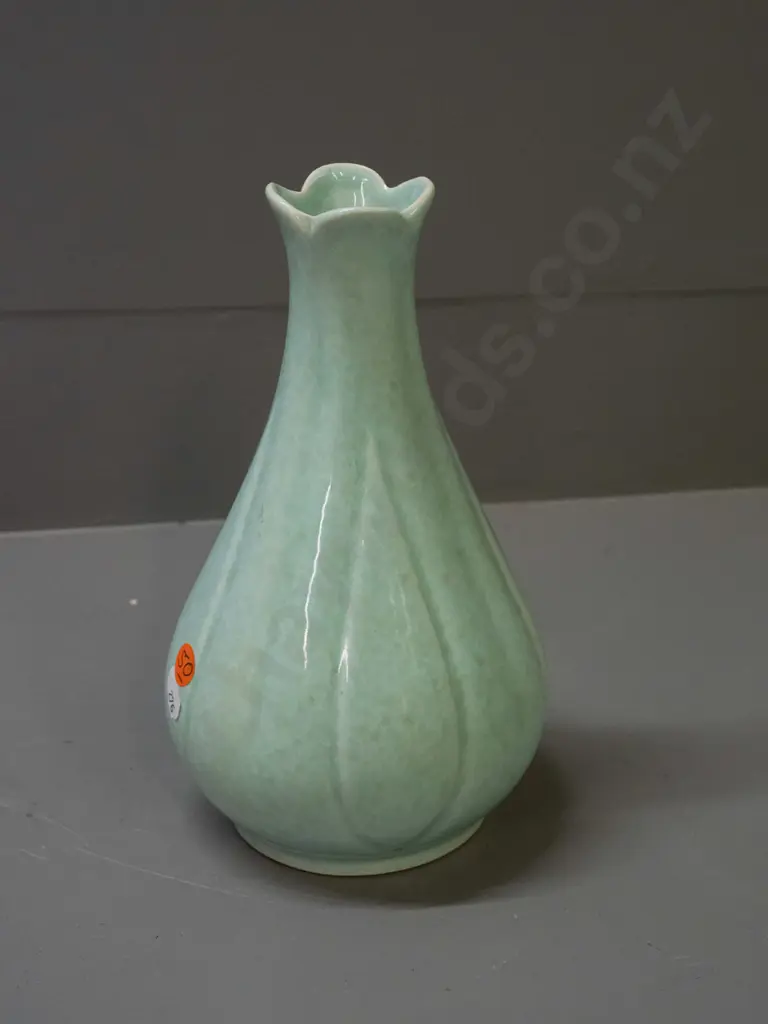 (Crown Lynn?) vase with large 18 or 81 mark on base, celadon green shade glaze H-220 D-130 at widest Image 1++