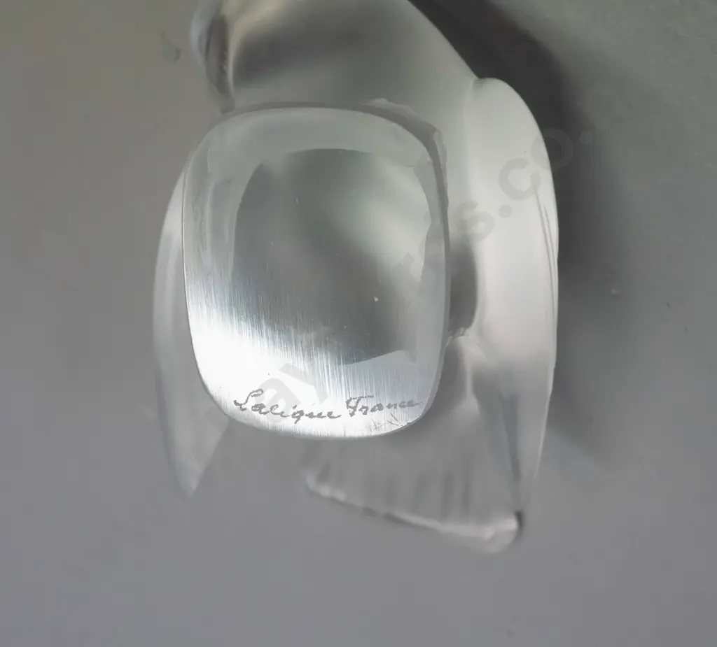 set of 2 Lalique frosted glass doves - both etched Lalique France on base - one has chips to tail and tip of one wing. Image 1++