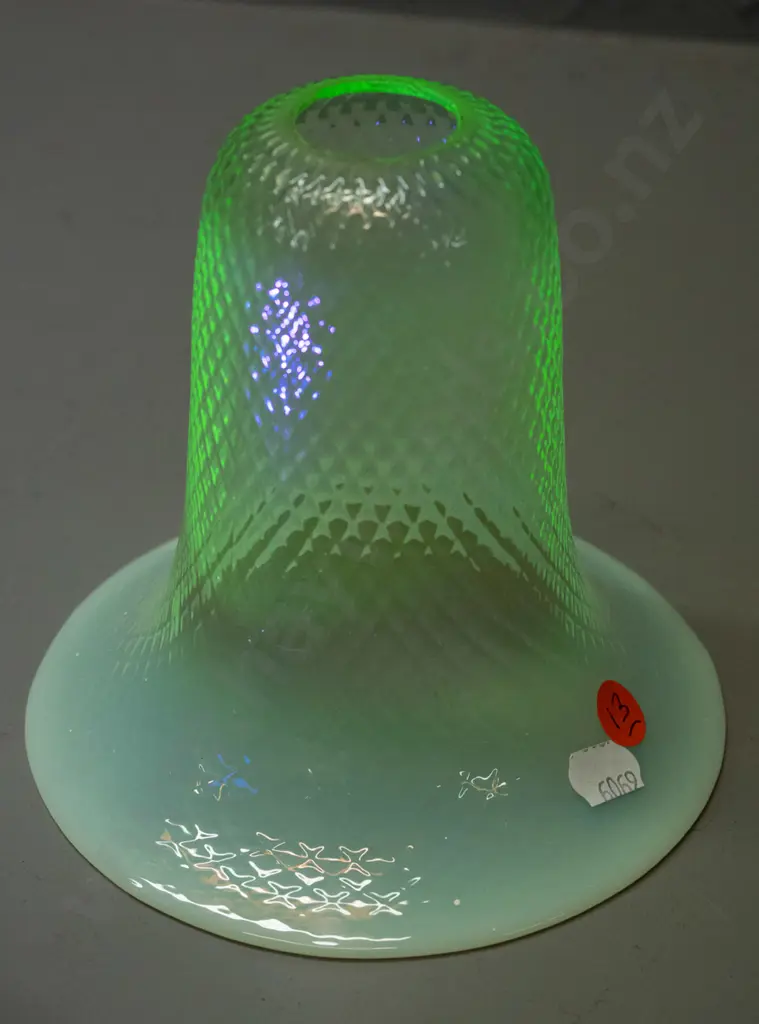 uranium glass light shade with textured diamond pattern, milky teal rim H-150 D-140 at bottom rim Image 1++