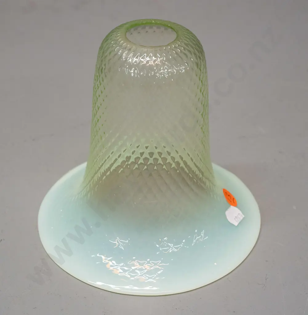 uranium glass light shade with textured diamond pattern, milky teal rim H-150 D-140 at bottom rim Image 1++