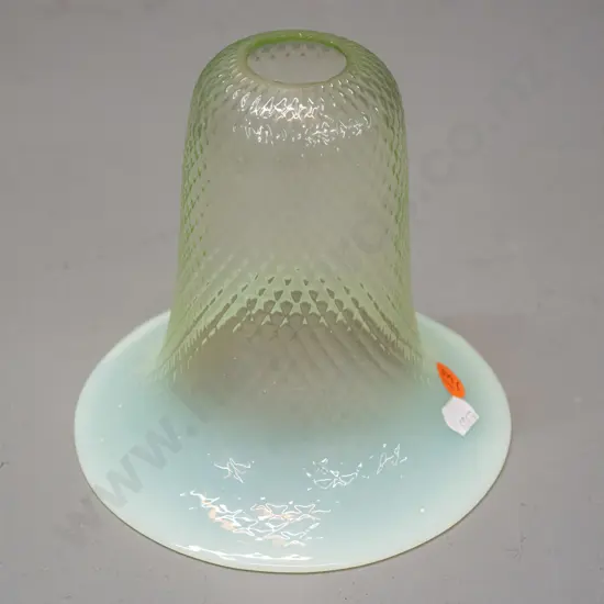 uranium glass light shade with textured diamond pattern, milky teal rim H-150 D-140 at bottom rim