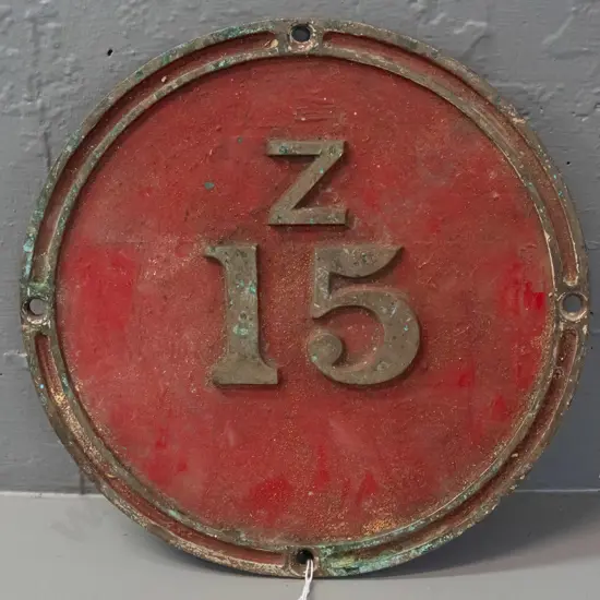 cast brass "Z 15" locomotive plaque - some tarnishing, wear to red paint D-260