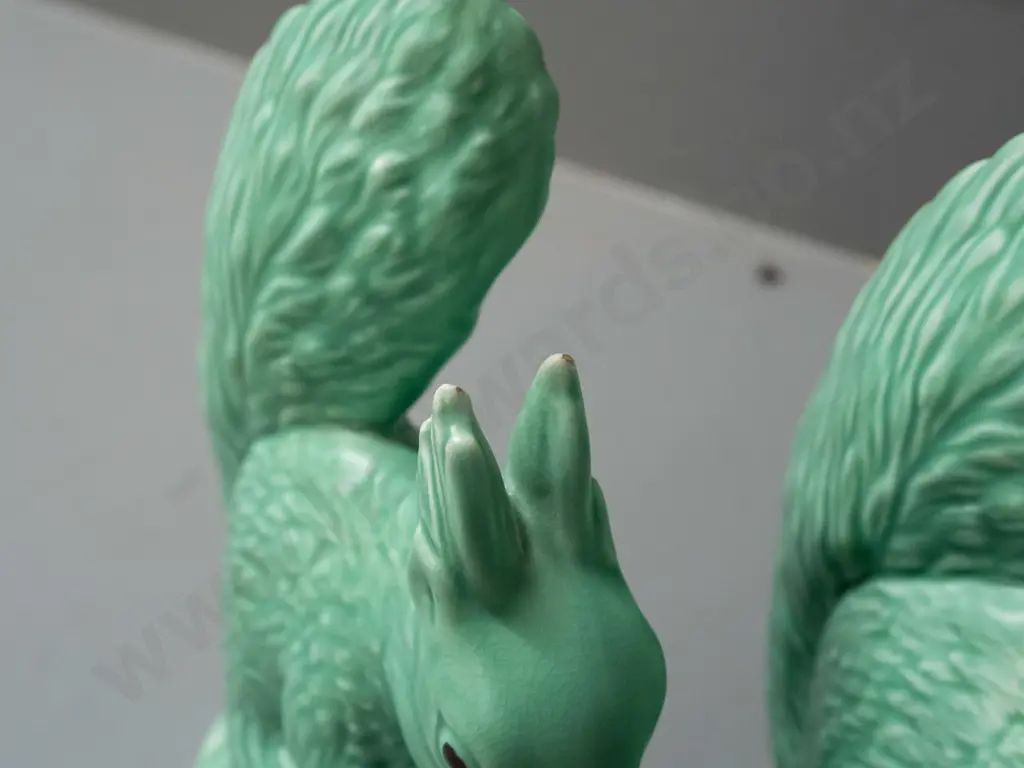 3 Sylvac squirrel figures - 2 green marked 1144 and blue marked 1145. Glaze nibbles to ears on both green ones and fleck Image 1++