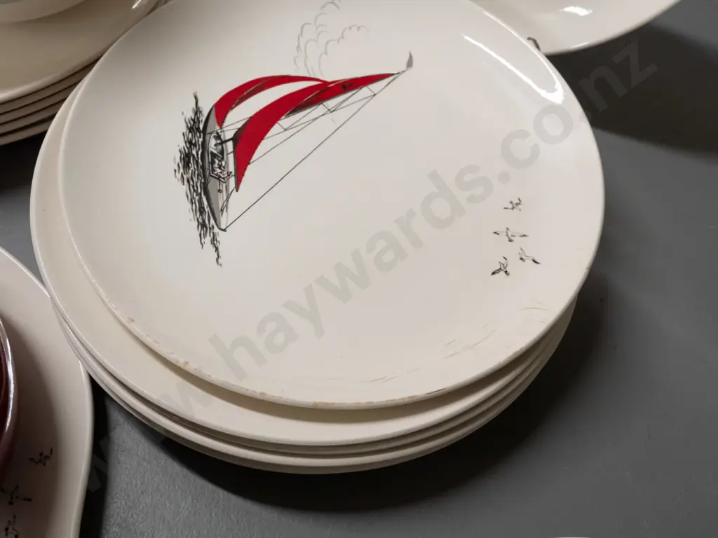 collection of Palissy Red Regatta dinnerware - 2 oval ashetts, 6 dinner plates, 6 smaller, 6 soups, 6 cups & saucer but Image 1++