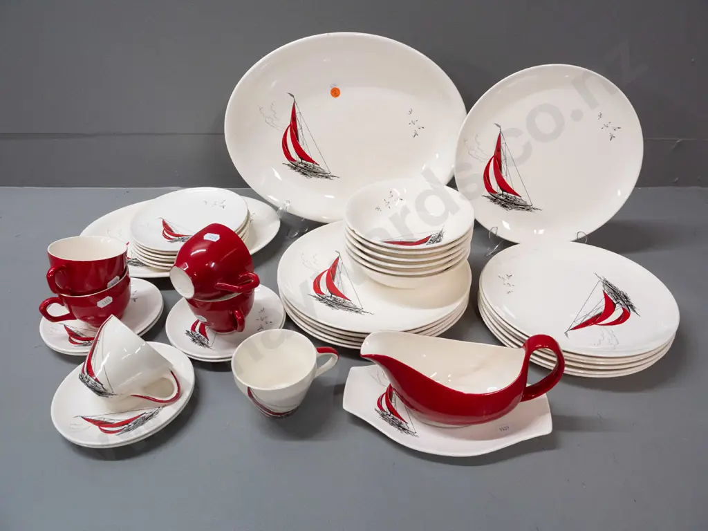 collection of Palissy Red Regatta dinnerware - 2 oval ashetts, 6 dinner plates, 6 smaller, 6 soups, 6 cups & saucer but Image 1++