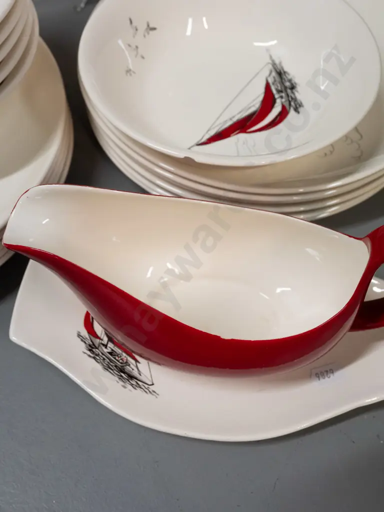 collection of Palissy Red Regatta dinnerware - 2 oval ashetts, 6 dinner plates, 6 smaller, 6 soups, 6 cups & saucer but Image 1++