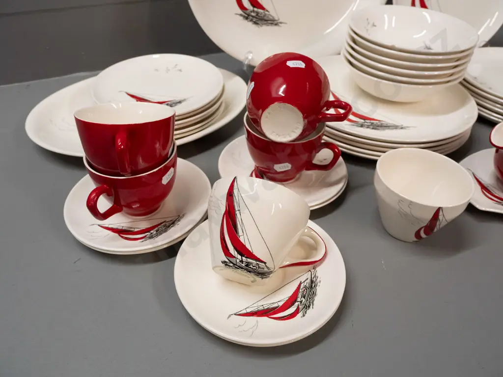 collection of Palissy Red Regatta dinnerware - 2 oval ashetts, 6 dinner plates, 6 smaller, 6 soups, 6 cups & saucer but Image 1++