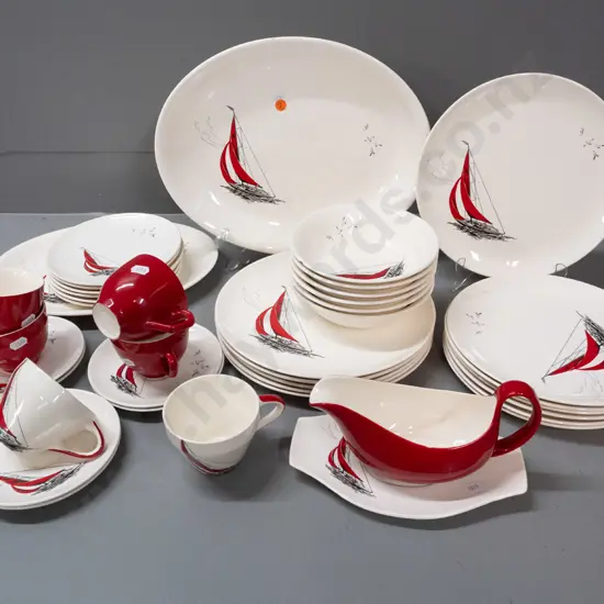 collection of Palissy Red Regatta dinnerware - 2 oval ashetts, 6 dinner plates, 6 smaller, 6 soups, 6 cups & saucer but