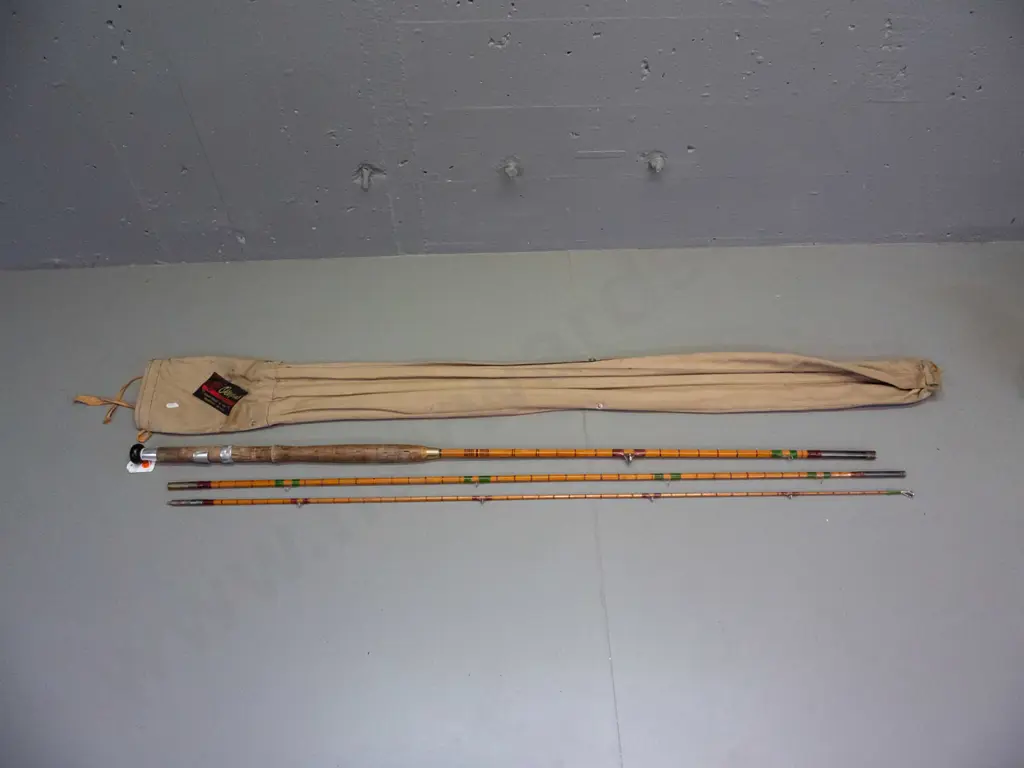 vintage ESS Octopus 3-piece split cane fishing rod in canvas sleeve Image 1++