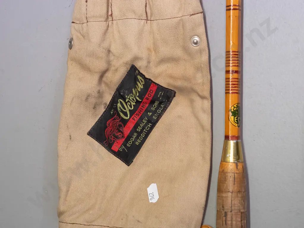vintage ESS Octopus 3-piece split cane fishing rod in canvas sleeve Image 1++