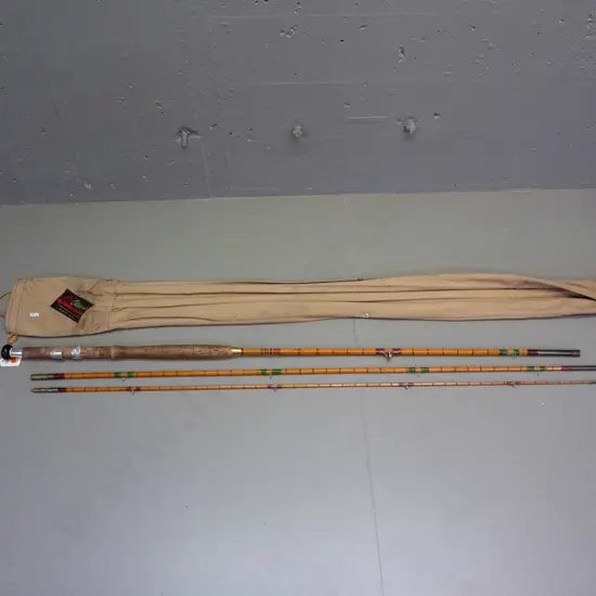 vintage ESS Octopus 3-piece split cane fishing rod in canvas sleeve