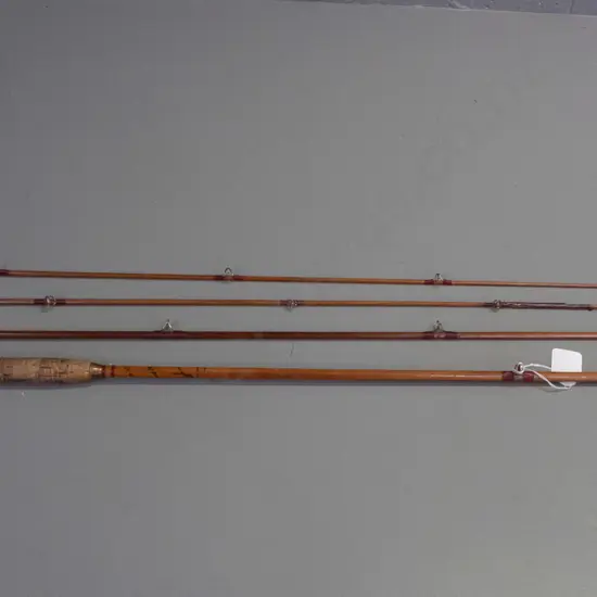 4-piece split cane fishing rod - 2 tip sections, one has a repair. Hard to read labelling, Made in Sweden, 9 1/2'