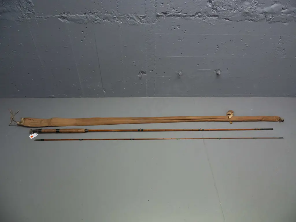 vintage 2-piece split cane fishing rod in canvas sleeve - no maker's marks Image 1++