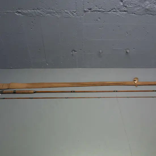 vintage 2-piece split cane fishing rod in canvas sleeve - no maker's marks
