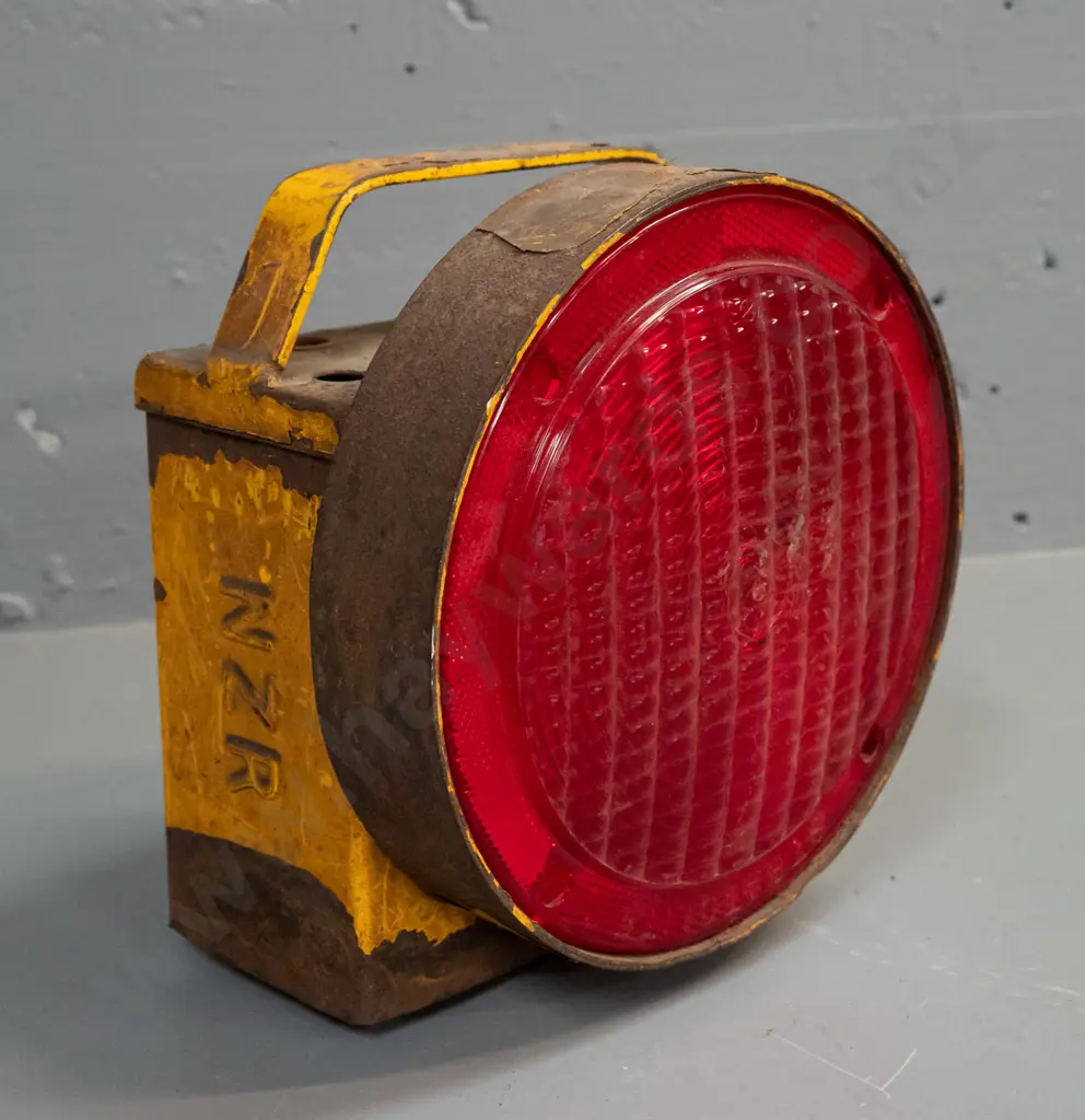 steel railway signal lamp marked NZR on side, with large red lens marked Stratolite - wear and tear, paint loss and Image 1++