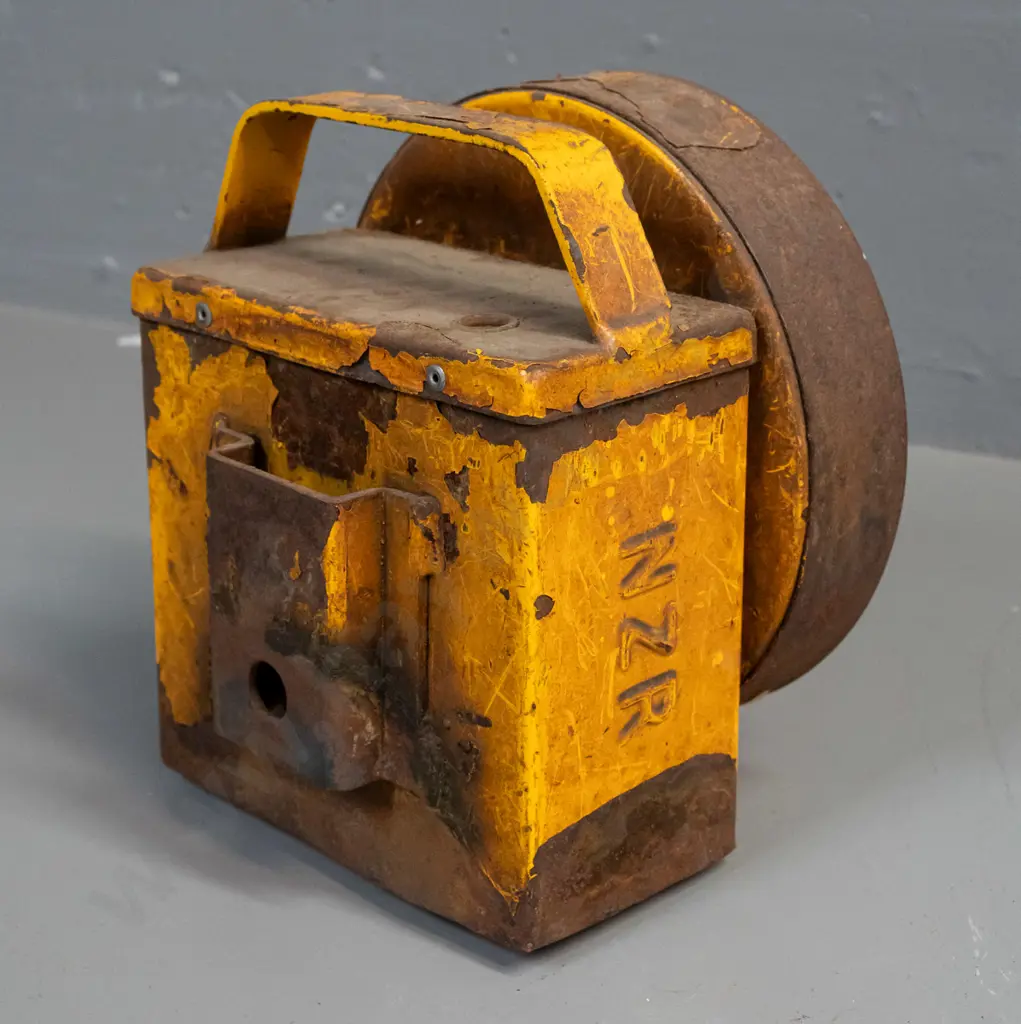 steel railway signal lamp marked NZR on side, with large red lens marked Stratolite - wear and tear, paint loss and Image 1++