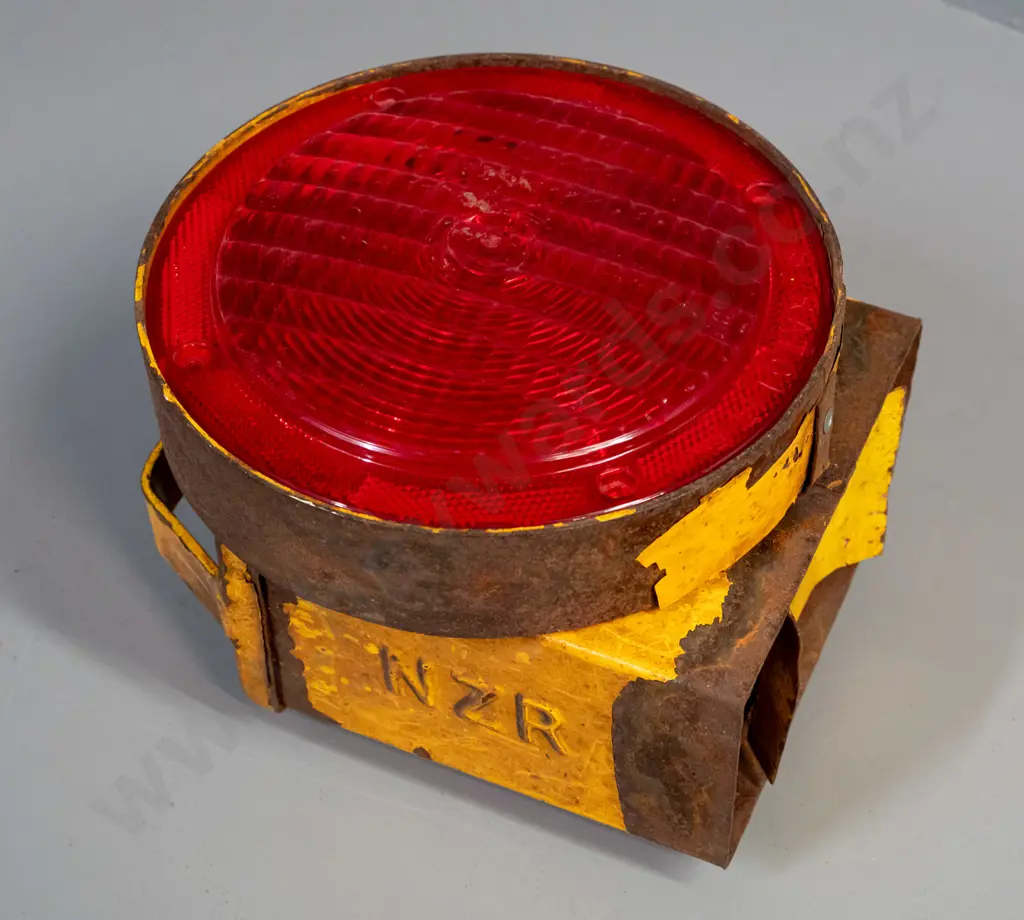 steel railway signal lamp marked NZR on side, with large red lens marked Stratolite - wear and tear, paint loss and Image 1++