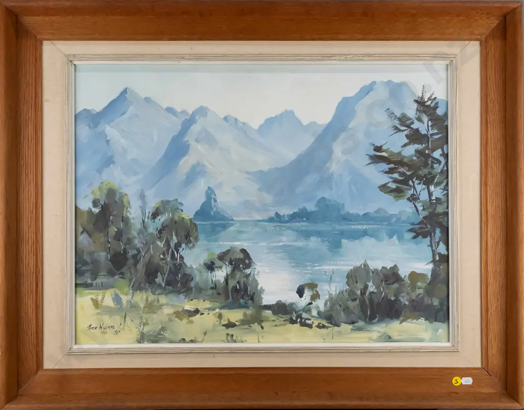 Peter Williams '94, framed oil on board - lake and mountain scene H-440 W-580 Image 1++