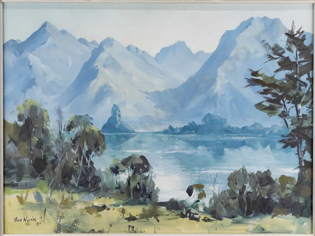 Peter Williams '94, framed oil on board - lake and mountain scene H-440 W-580 Image 1++