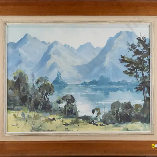 Peter Williams '94, framed oil on board - lake and mountain scene H-440 W-580