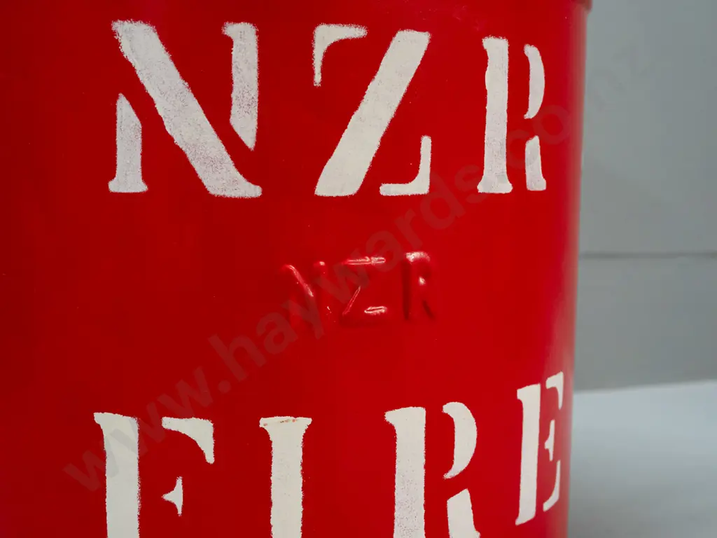 NZR tin fire bucket - with pressed NZR in side, has been freshly painted and stencilled H-470 to top of handle D-280 Image 1++