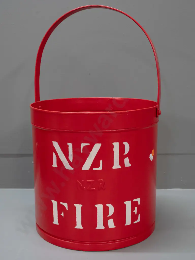 NZR tin fire bucket - with pressed NZR in side, has been freshly painted and stencilled H-470 to top of handle D-280 Image 1++