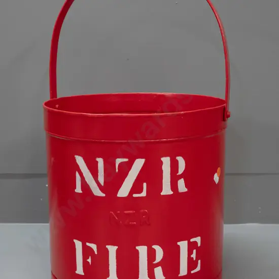 NZR tin fire bucket - with pressed NZR in side, has been freshly painted and stencilled H-470 to top of handle D-280