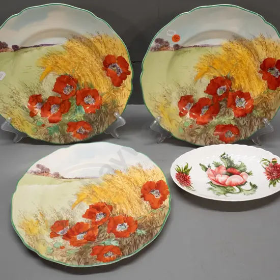 3 Royal Doulton poppy plates D-270 and an Aynsley poppy small fluted dish