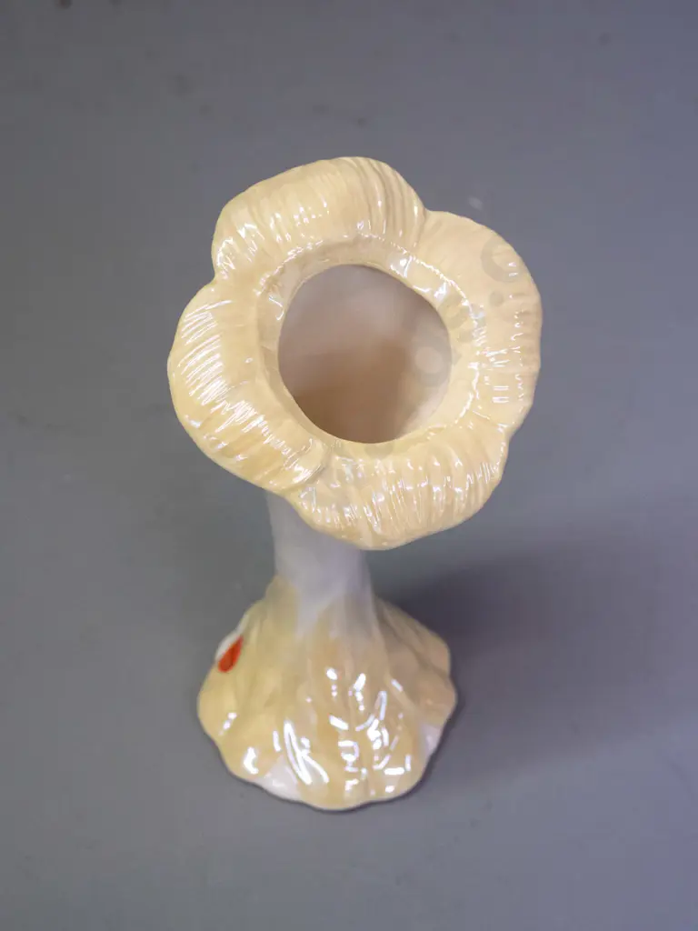 Belleek green mark floral form cream and yellow lustre vase H-190 Image 1++