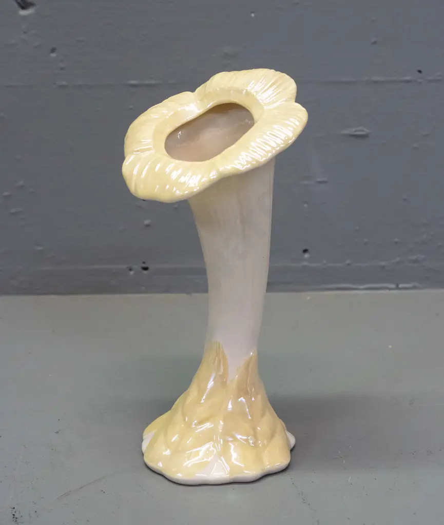 Belleek green mark floral form cream and yellow lustre vase H-190 Image 1++