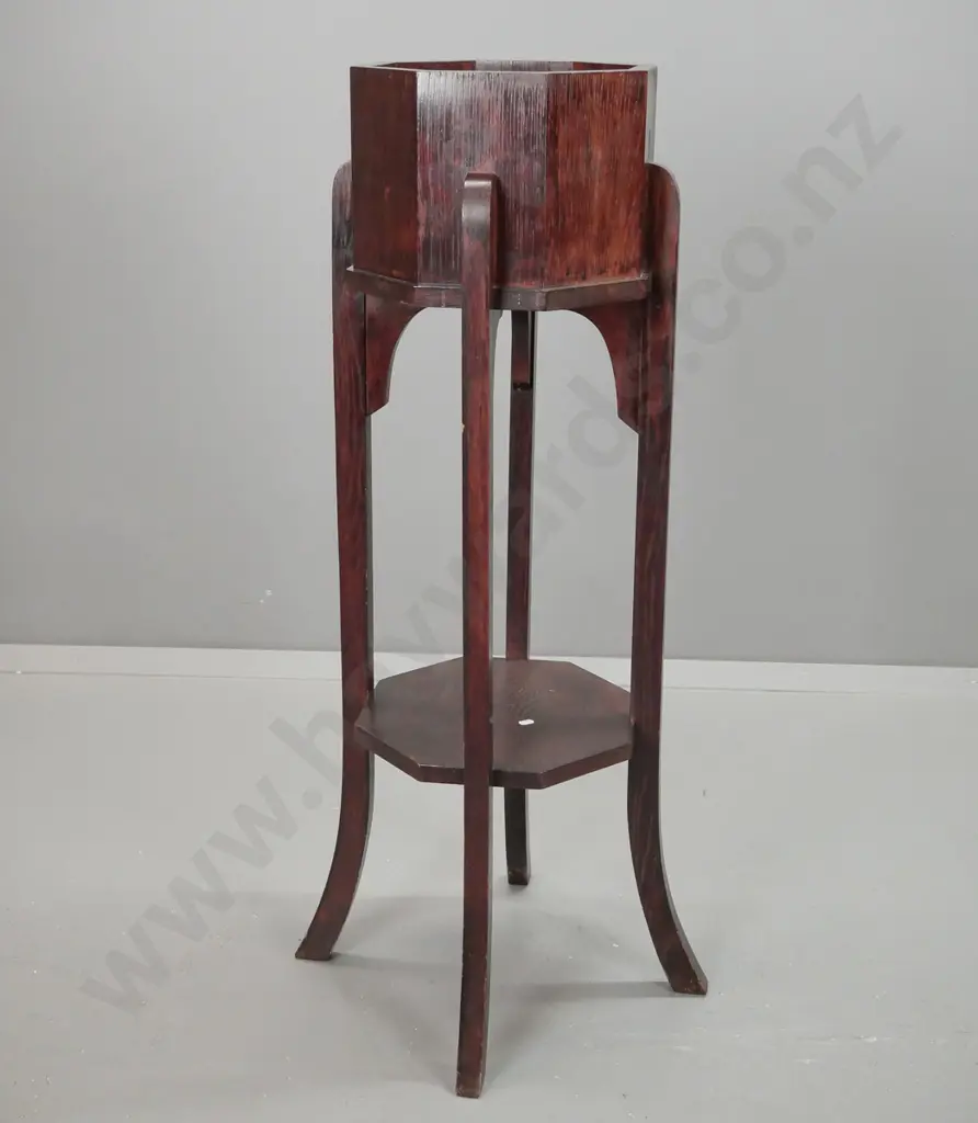 vintage oak jardiniere stand on 4 legs with octagonal top and lower shelf - some staining to shelf, a few chips to legs Image 1++