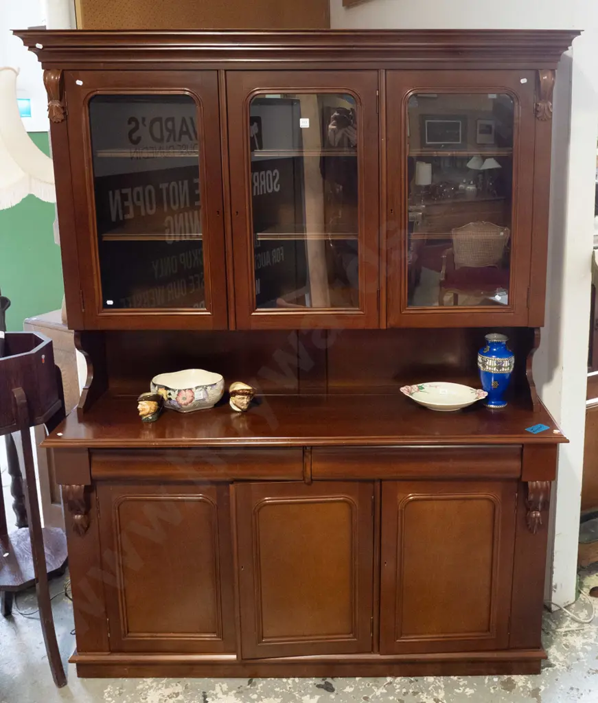 reproduction mahogany bookcase chiffoniere with 3 arched glazed doors, shaped cornice top, 2 full length adjustable Image 1++