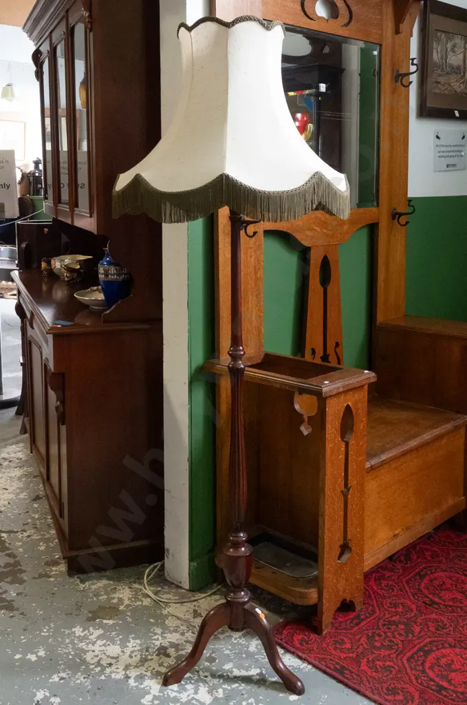 mahogany standard lamp with fluted turned column on 3 cab legs, with waisted frilled shade H-1660 Shade D-580 Image 1++