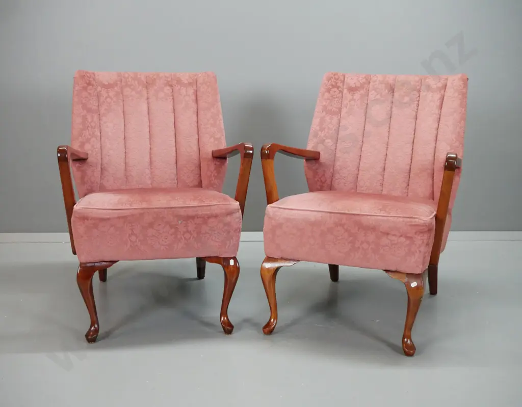 pair of retro mahogany open-arm lounge chairs w/ cabriolet front legs, pink velvet upholstery with pleated backs - some Image 1++