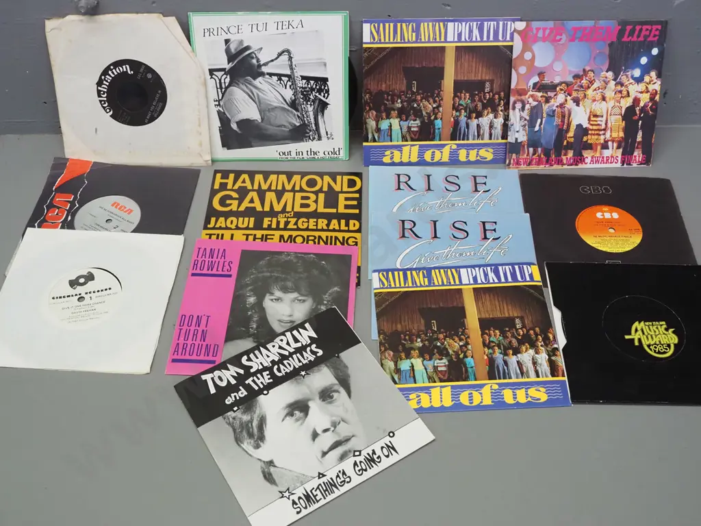 14x 45 RPM singles - assorted NZ artists, Give Them Life fundraisers, 1985 NZ Music Awards w/invitation etc Image 1++
